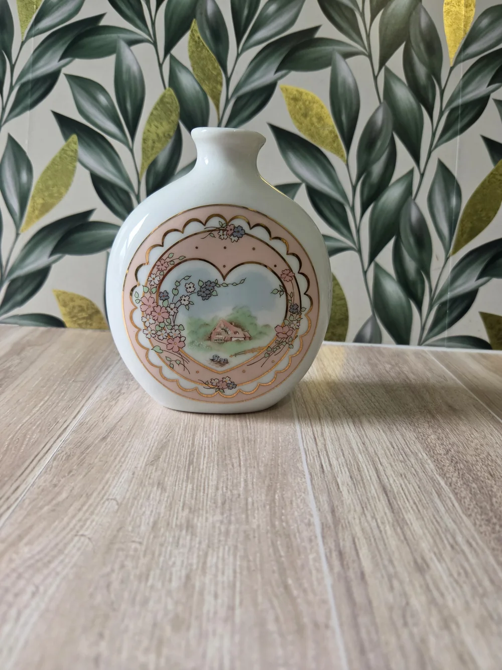 Vintage Applause Inc Japan Porcelain Cottage Heart Moon Flask Bud Vase